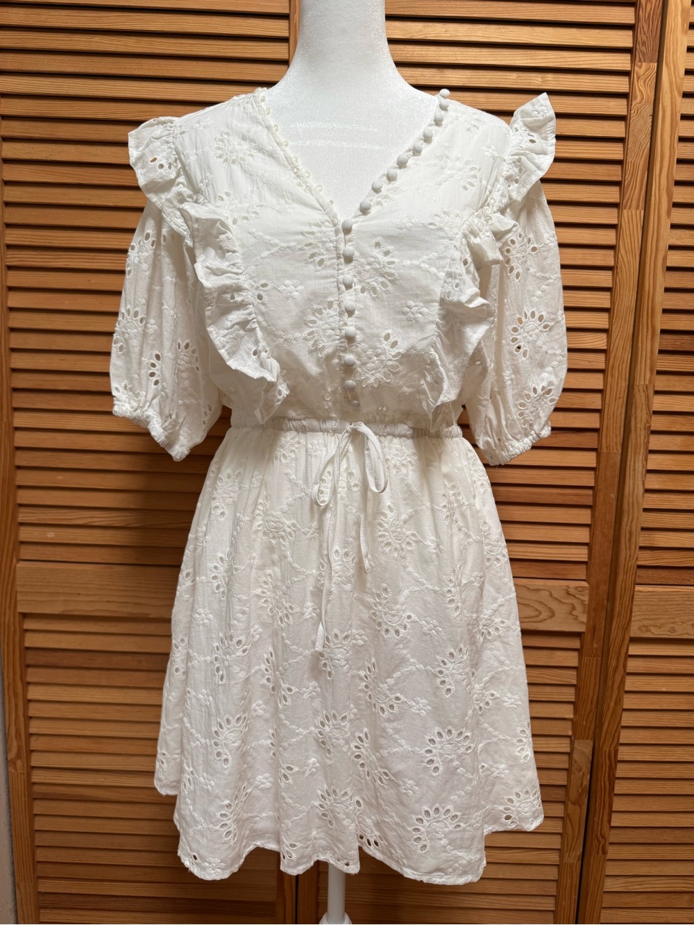 Miou Muse White Eyelet Ruffle Mini Dress Size M Cottagecore Bridal Shower Boho